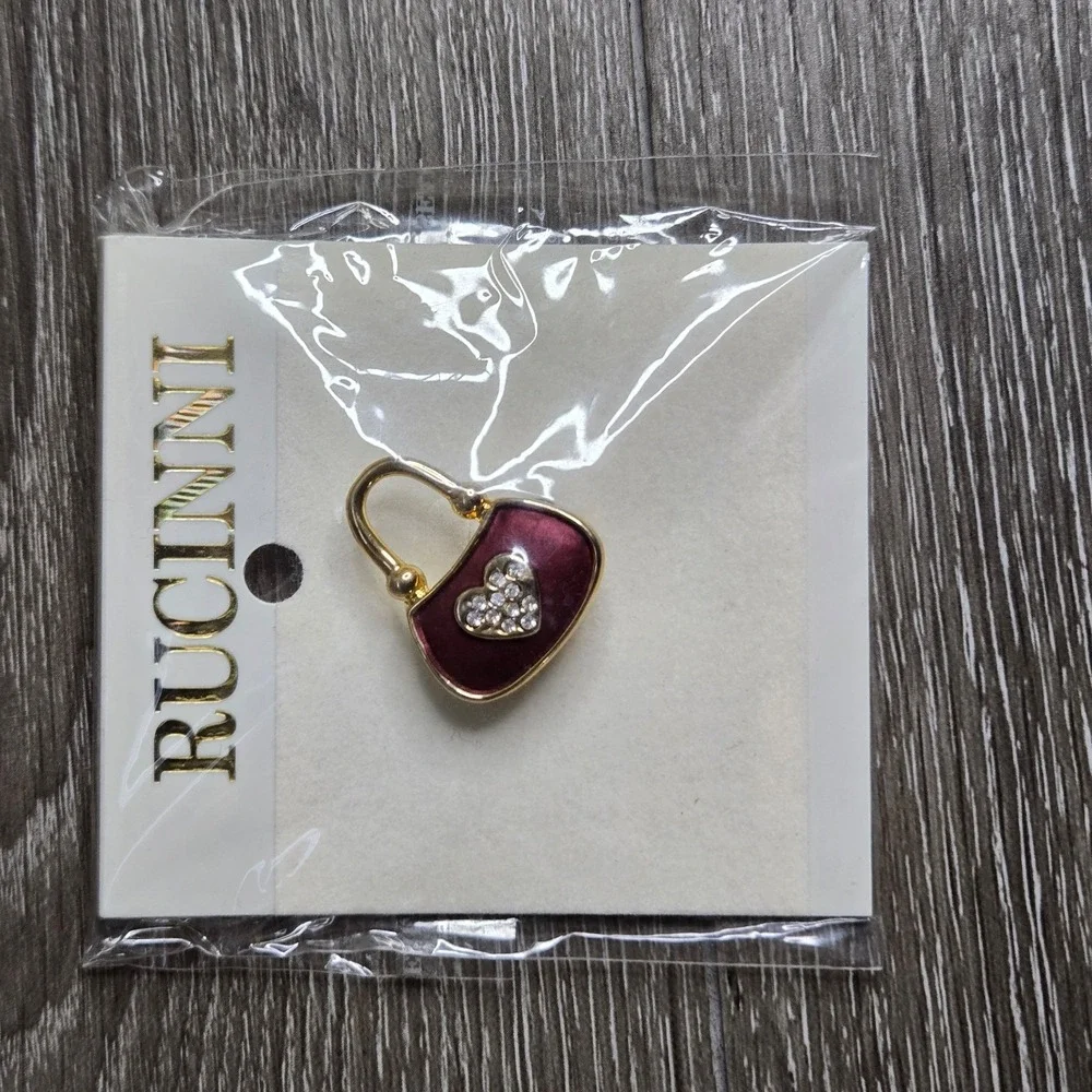 Rucinni Purple Enamel Heart Brooch Gold Tone Rhinestone Crystal Womens Pin New